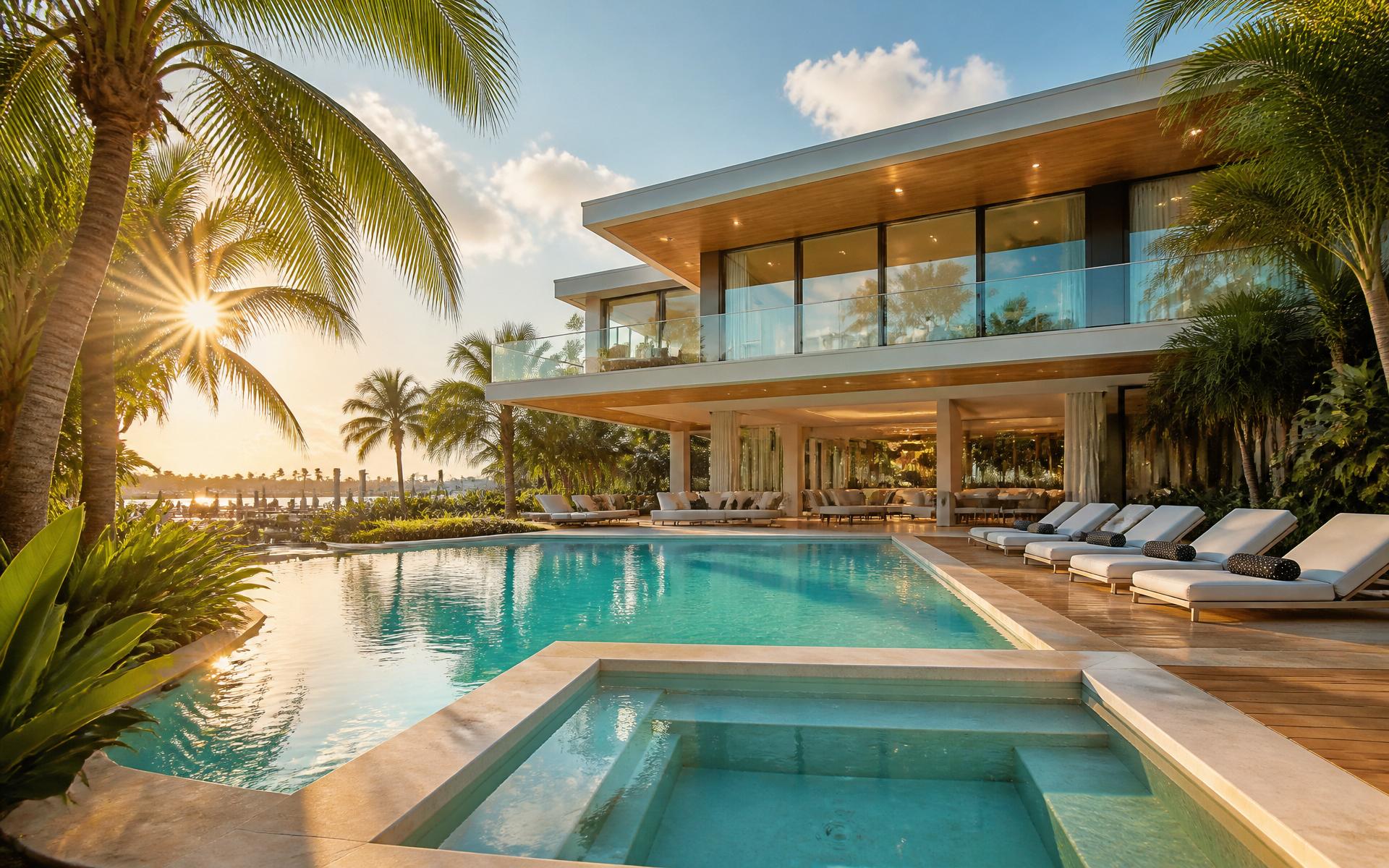 Luxury Miami villa exterior with heated pool and hot tub at golden hour