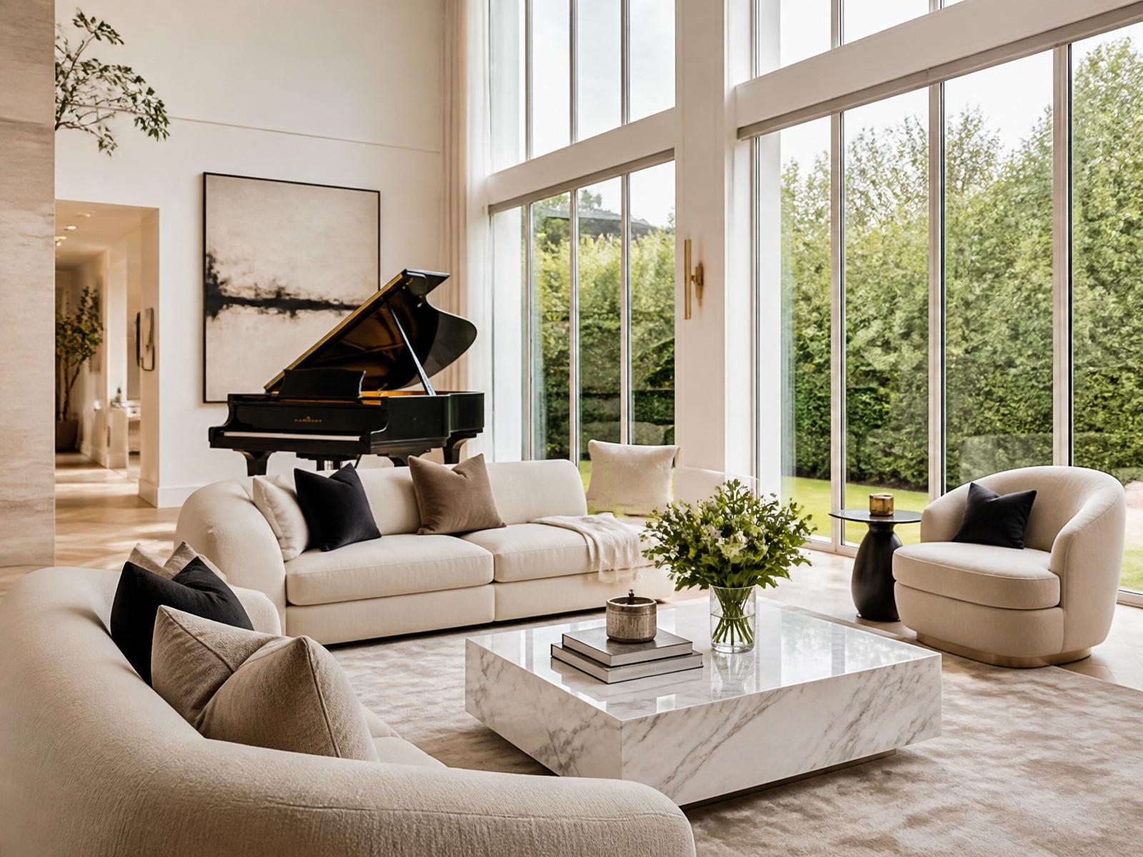 Bright modern living room with grand piano